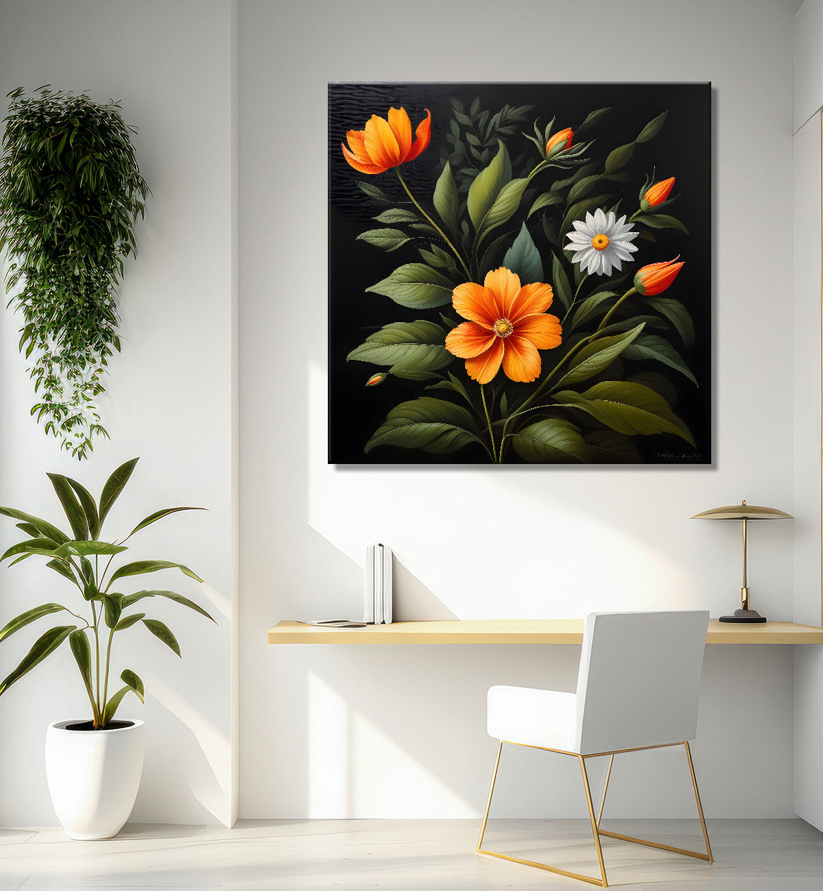 Orange flowers in black background painting Flower-S-347