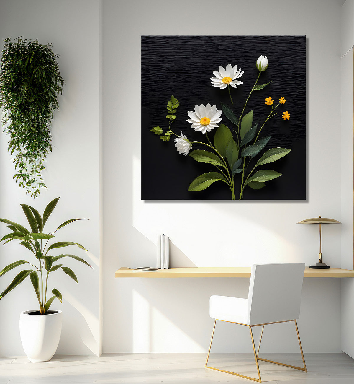 White flowers in black background painting Flower-S-348