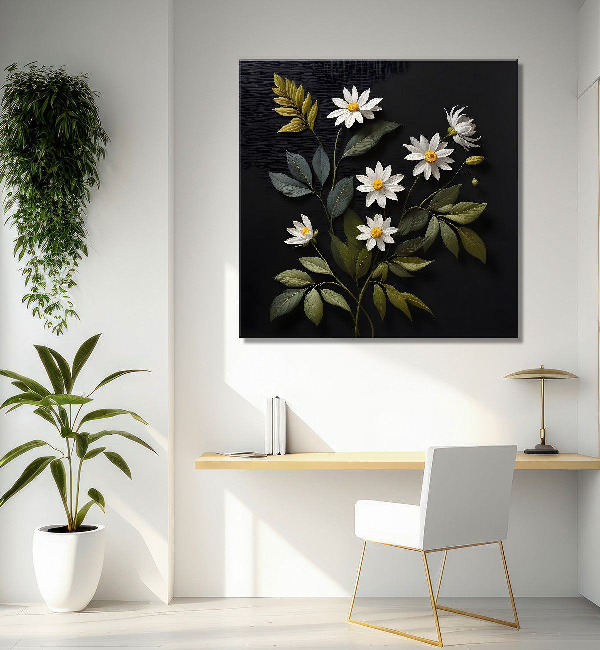 White flowers in black background painting Flower-S-351