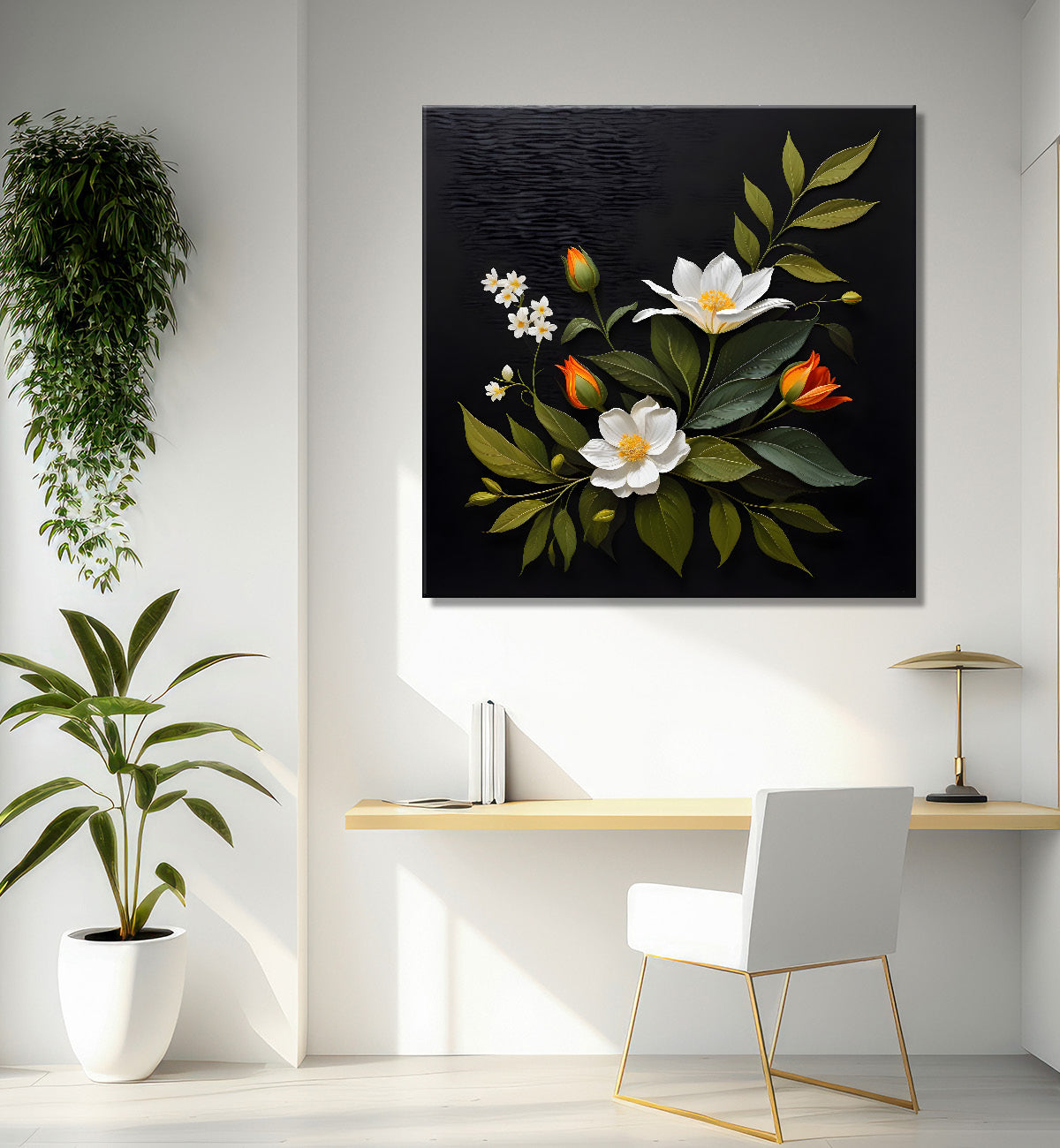 White flowers in black background painting Flower-S-352