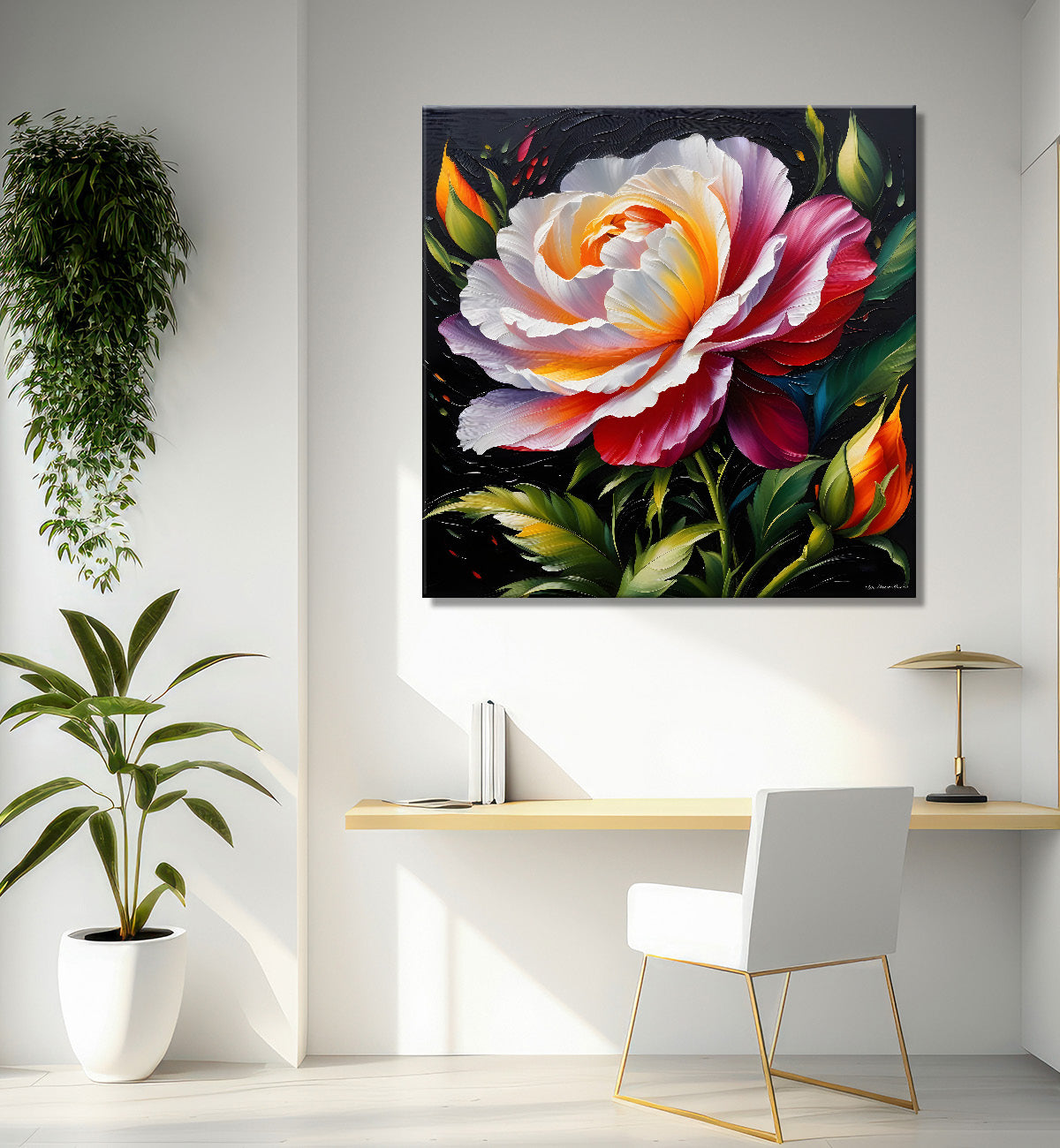 Pink rose in green background painting  Flower-S-356