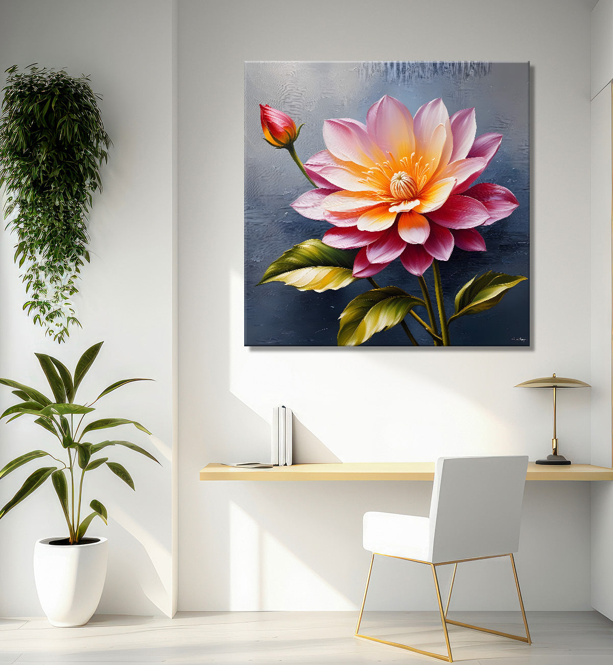 Pink flowers in grey textured painting  Flower-S-371