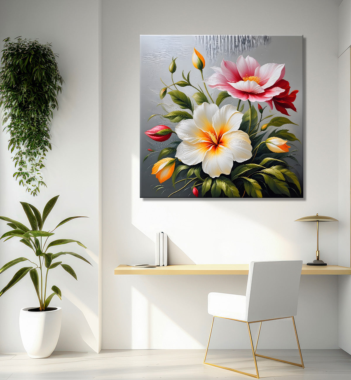 White and pink flower in textured oil painting   Flower-S-380