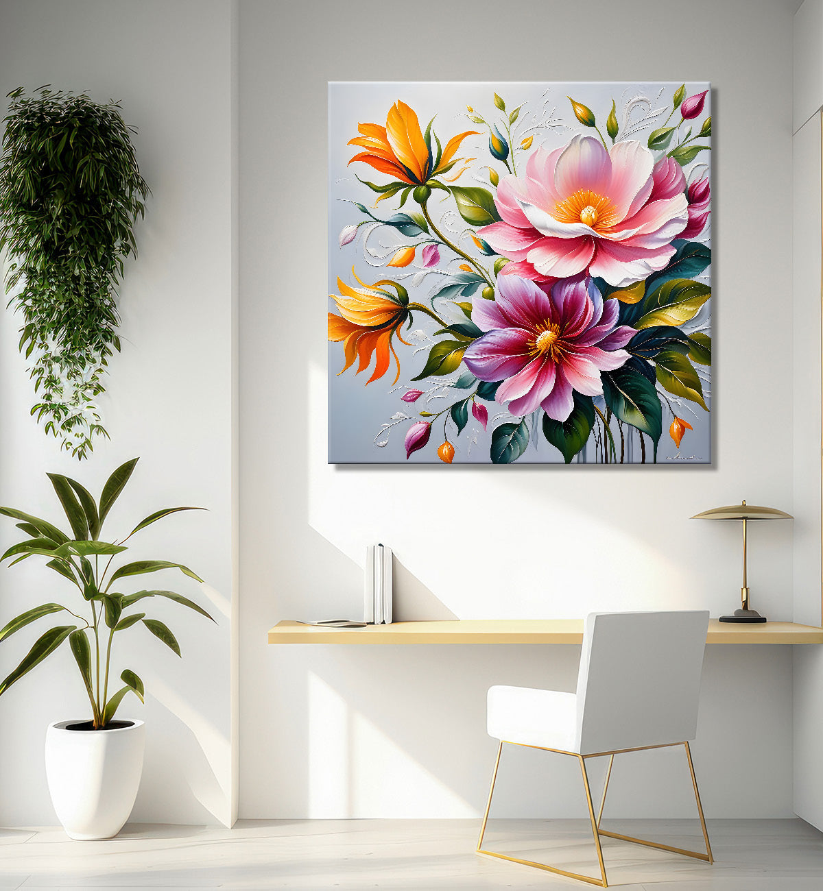 Pink flowers in textured painting   Flower-S-387