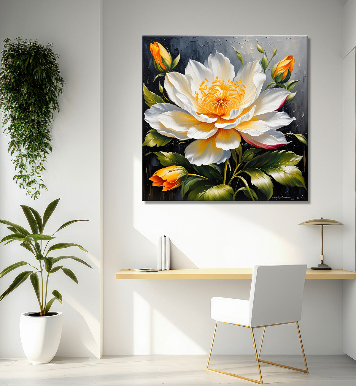 White flower in textured oil painting   Flower-S-395