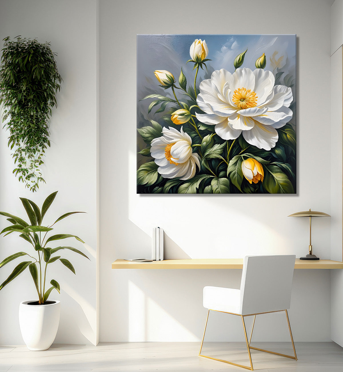 White flowers in textured oil painting - Flower-S-411