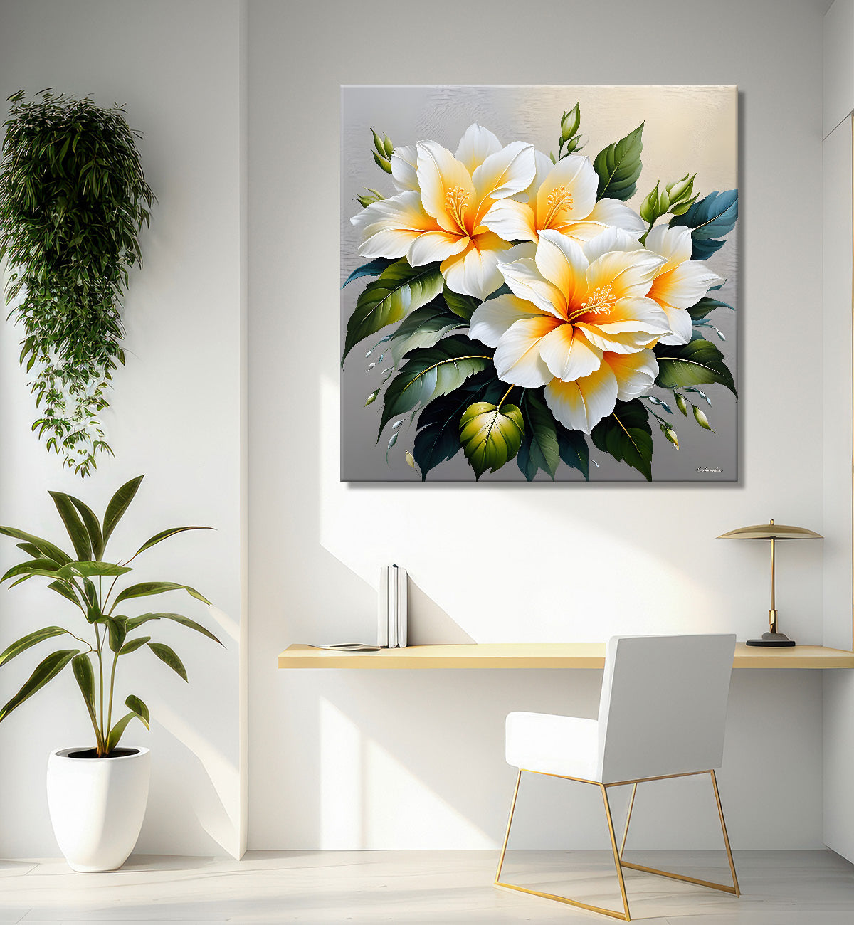 White flowers in textured oil painting - Flower-S-414