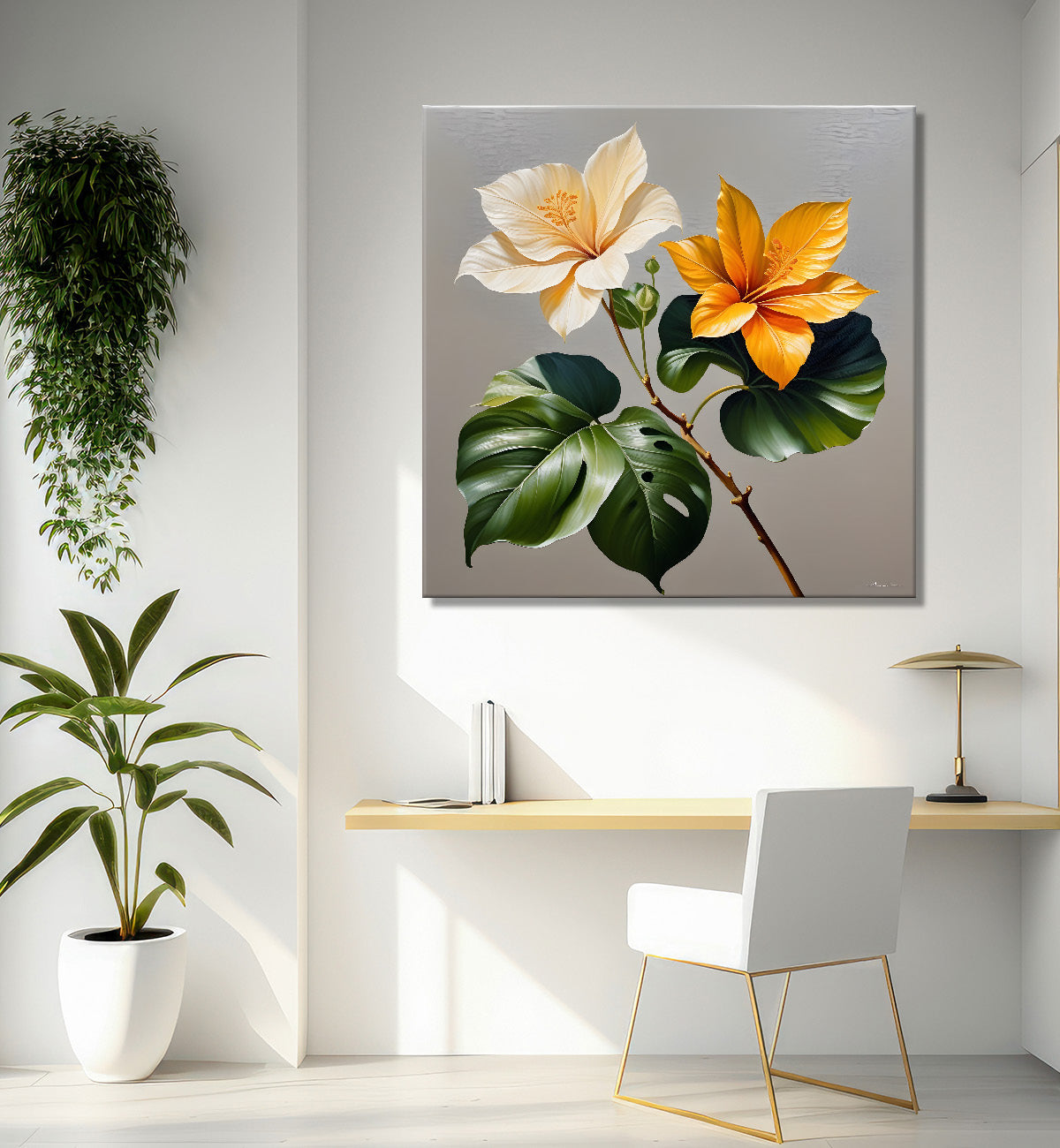 White and orange flower in textured oil painting  - Flower-S-422