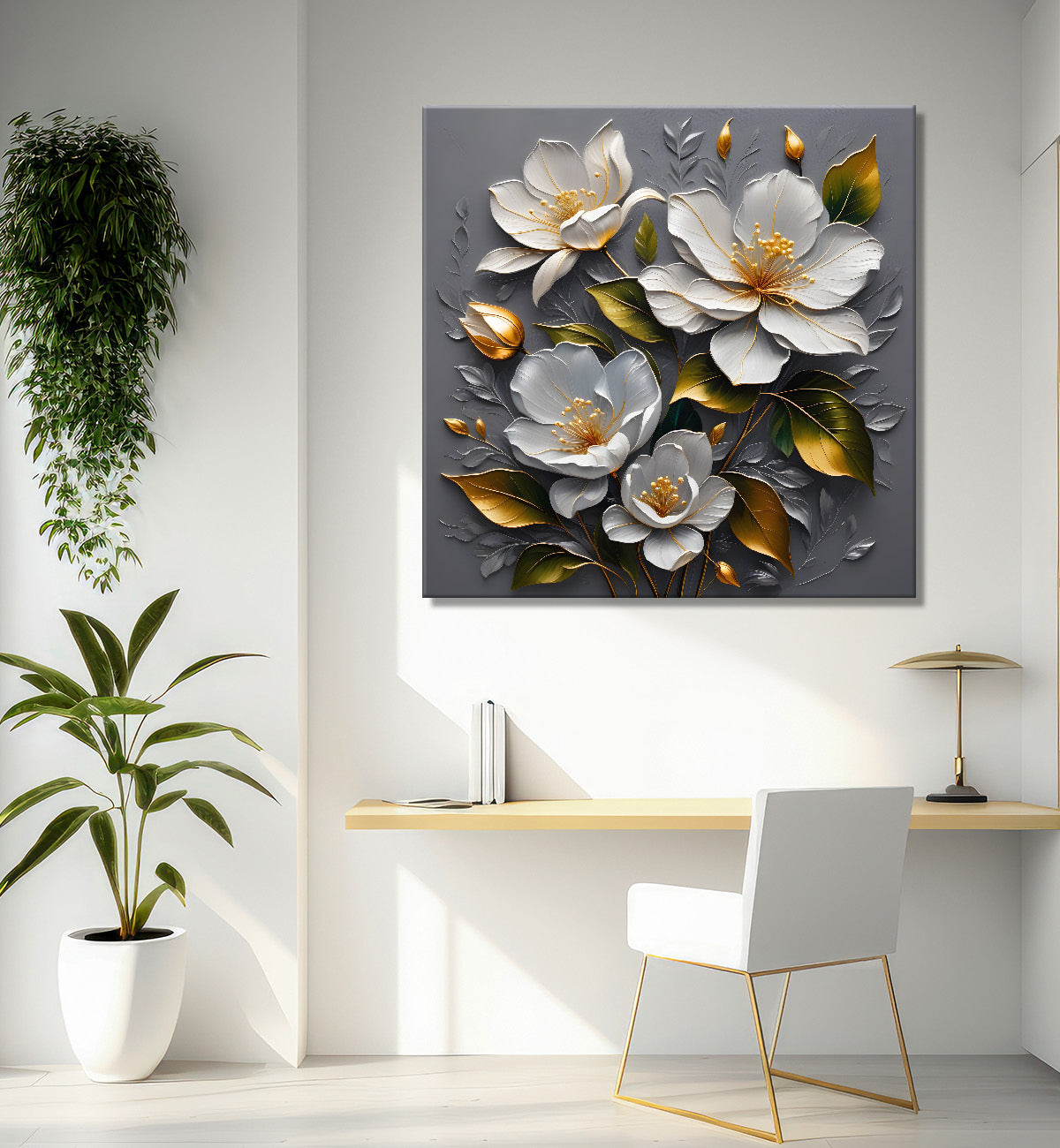 White flowers in grey textured oil painting - Flower-S-426