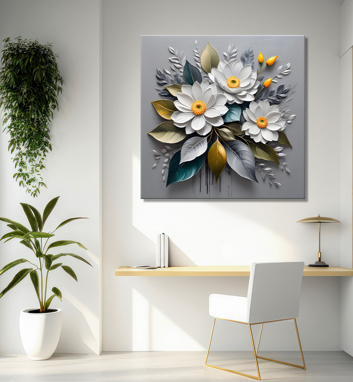 White flowers in grey textured oil painting - Flower-S-427