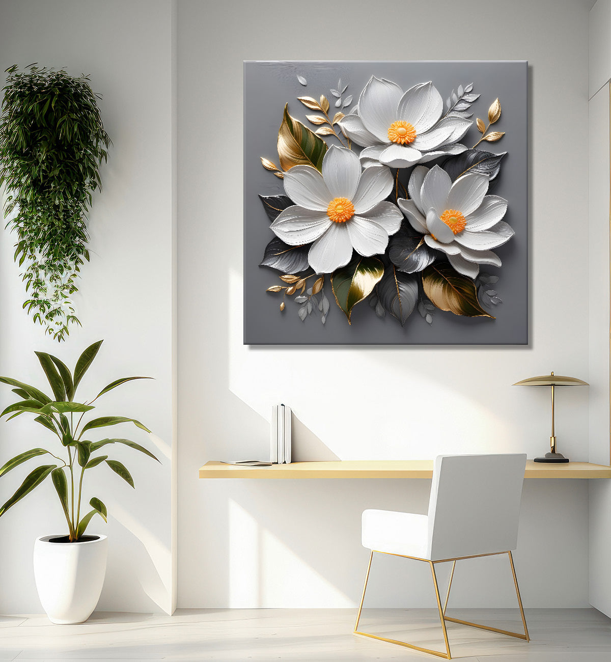 White flowers in grey textured oil painting - Flower-S-429