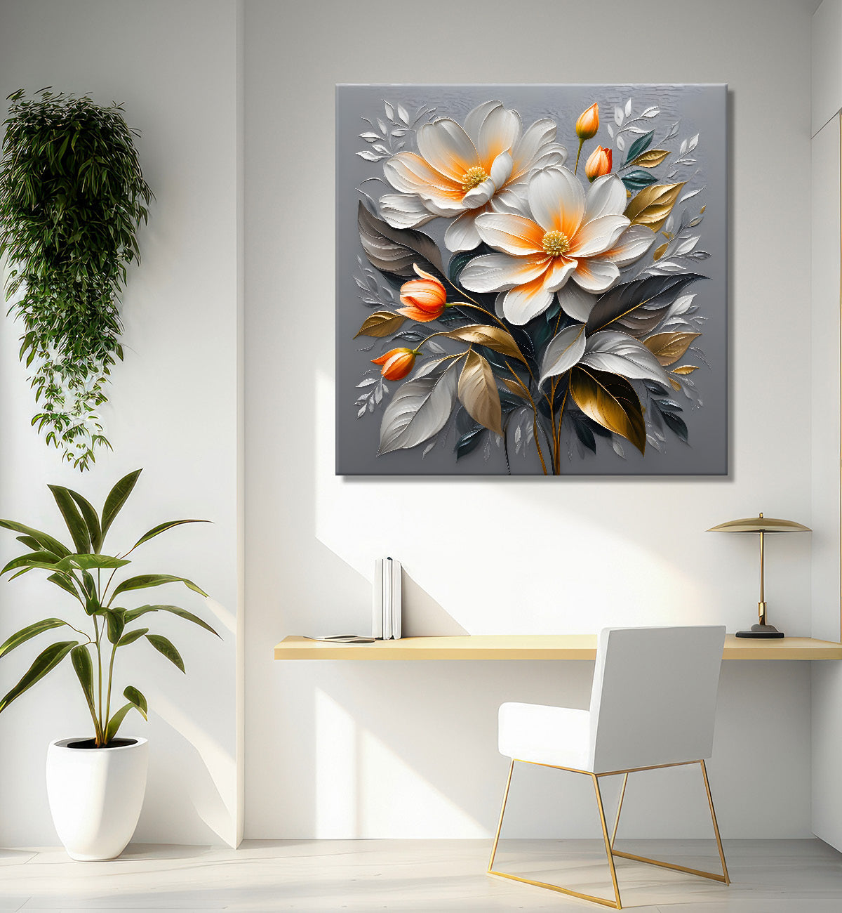 White flowers in grey textured oil painting - Flower-S-430