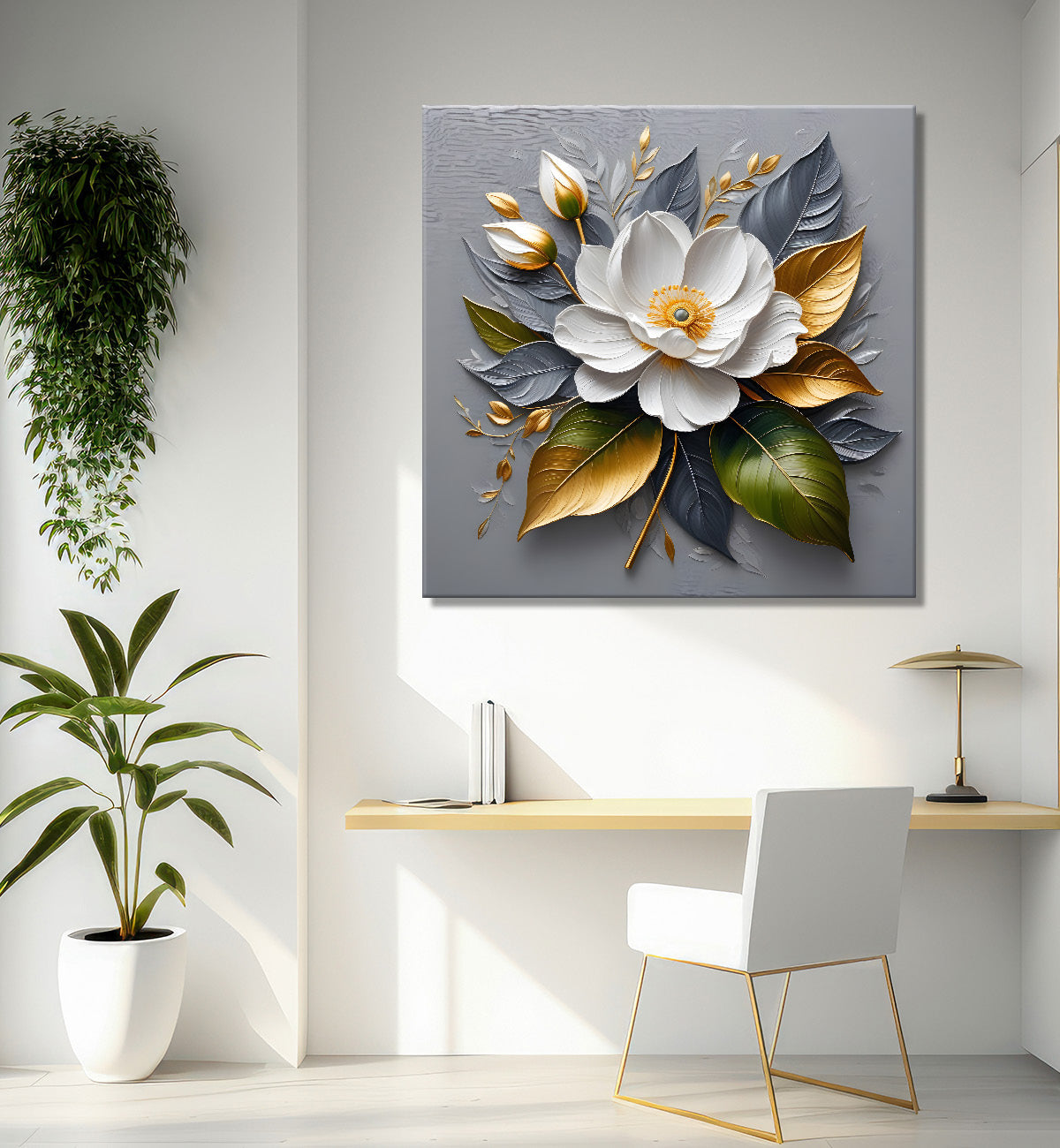 White flowers in grey textured oil painting - Flower-S-431