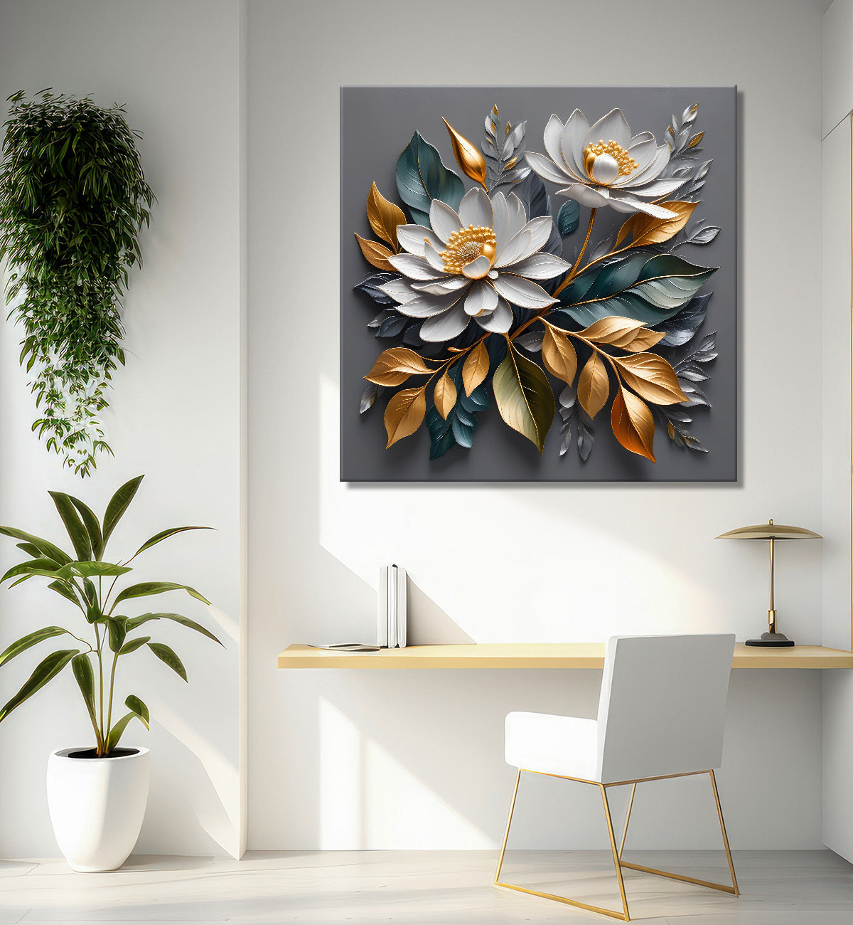 White flowers in grey textured oil painting - Flower-S-432