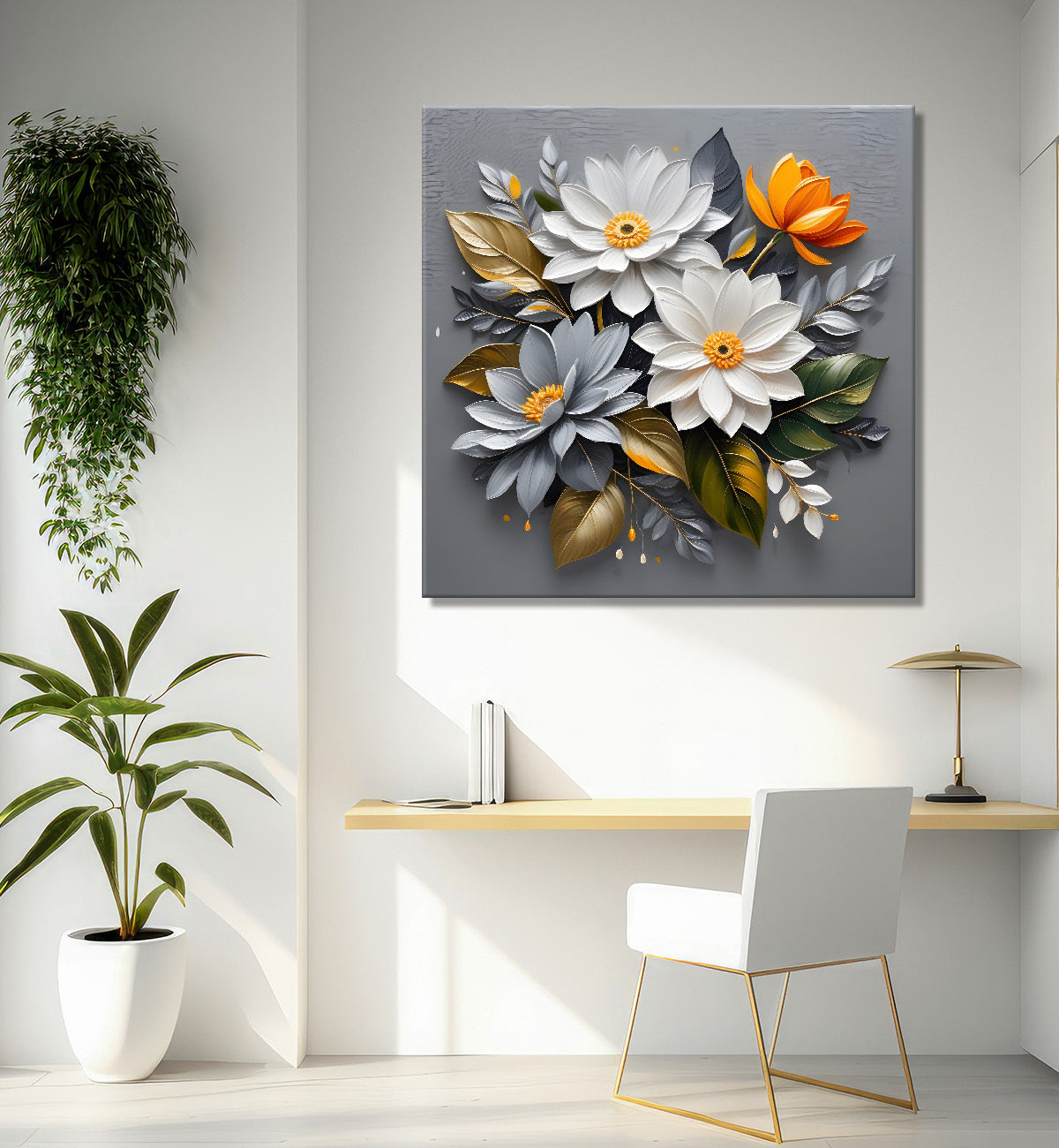 White flowers in grey textured oil painting - Flower-S-433