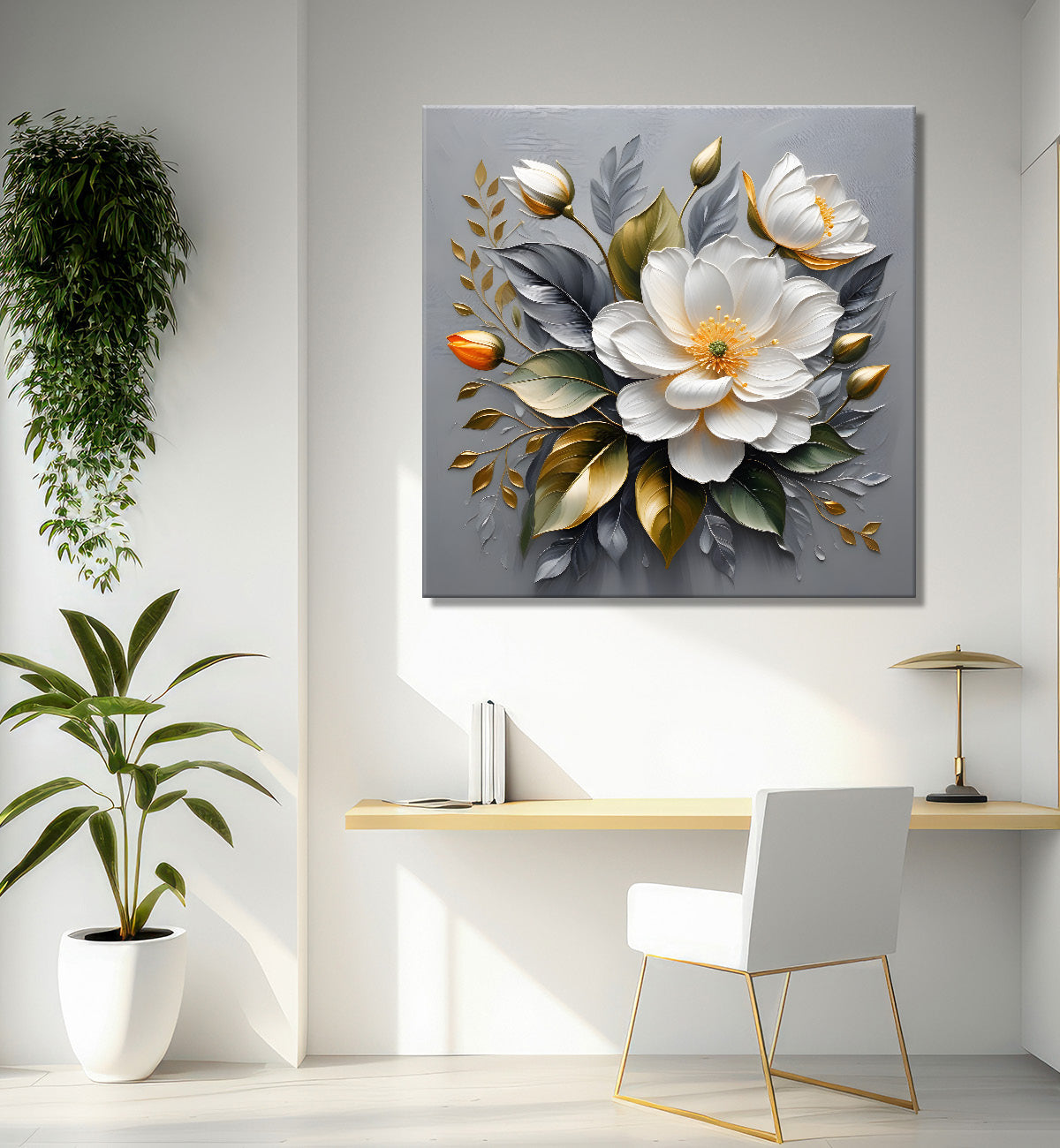 White flowers in grey textured oil painting - Flower-S-434