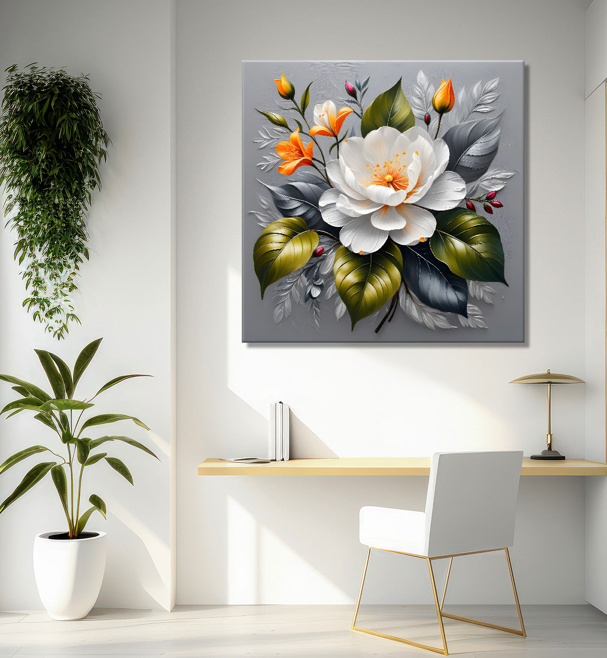 White flowers in grey textured oil painting - Flower-S-435