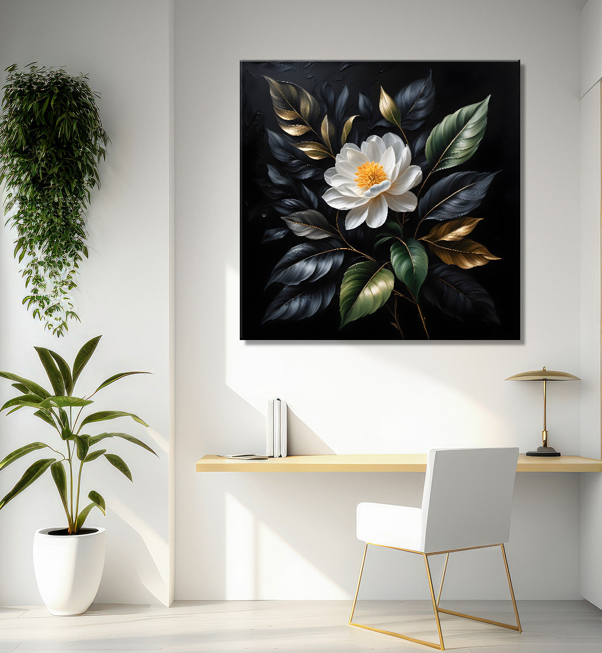 White flowers in black textured oil painting  - Flower-S-436