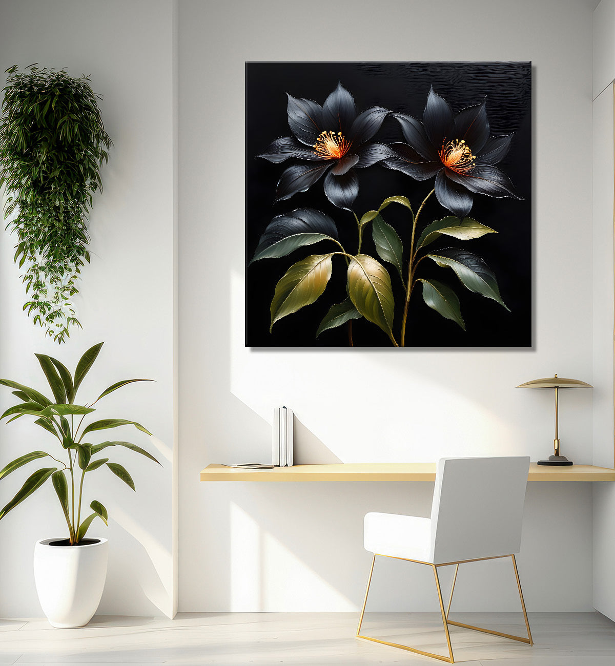 Green leaves in black textured oil painting  - Flower-S-437