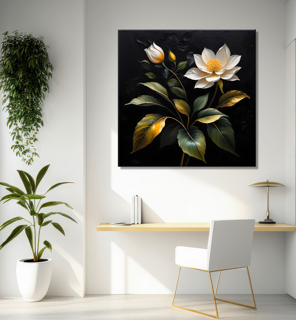 White flowers in black textured oil painting - Flower-S-438