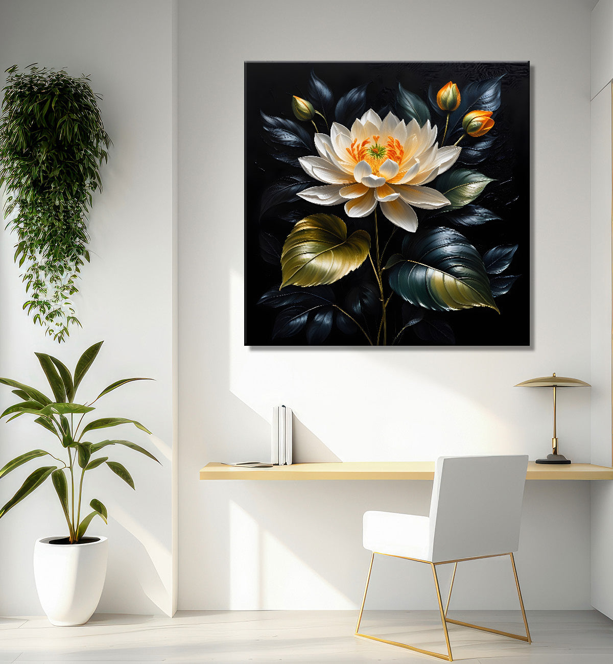 White flowers in black textured oil painting - Flower-S-439