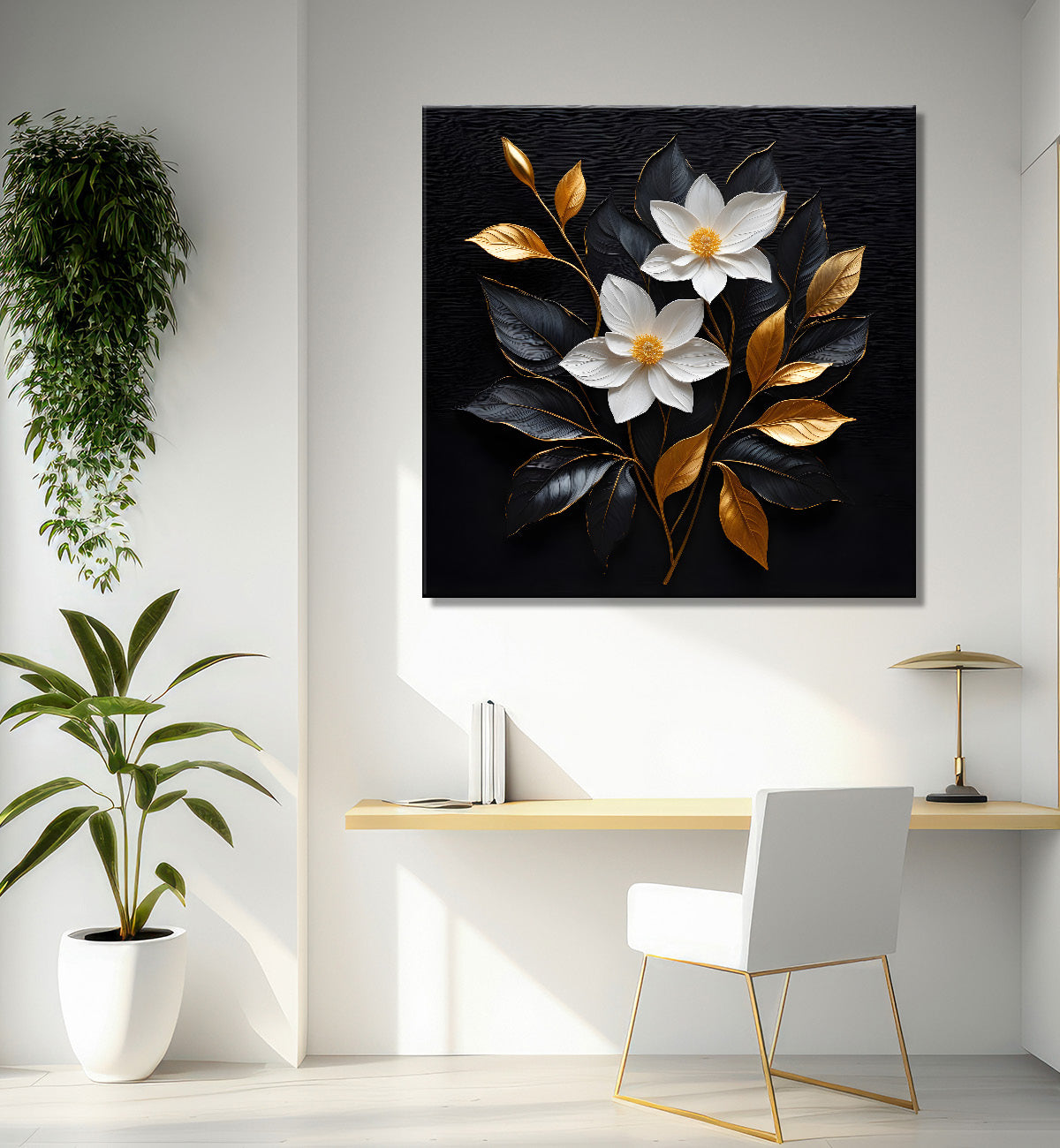 White flowers in black textured oil painting - Flower-S-440