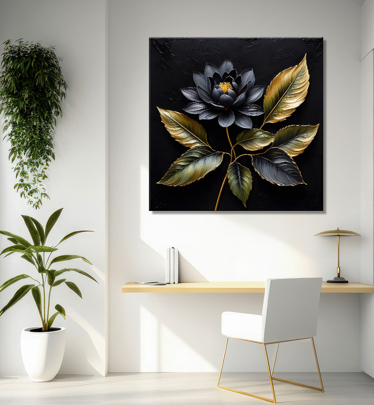 Blue flowers in black textured oil painting - Flower-S-441