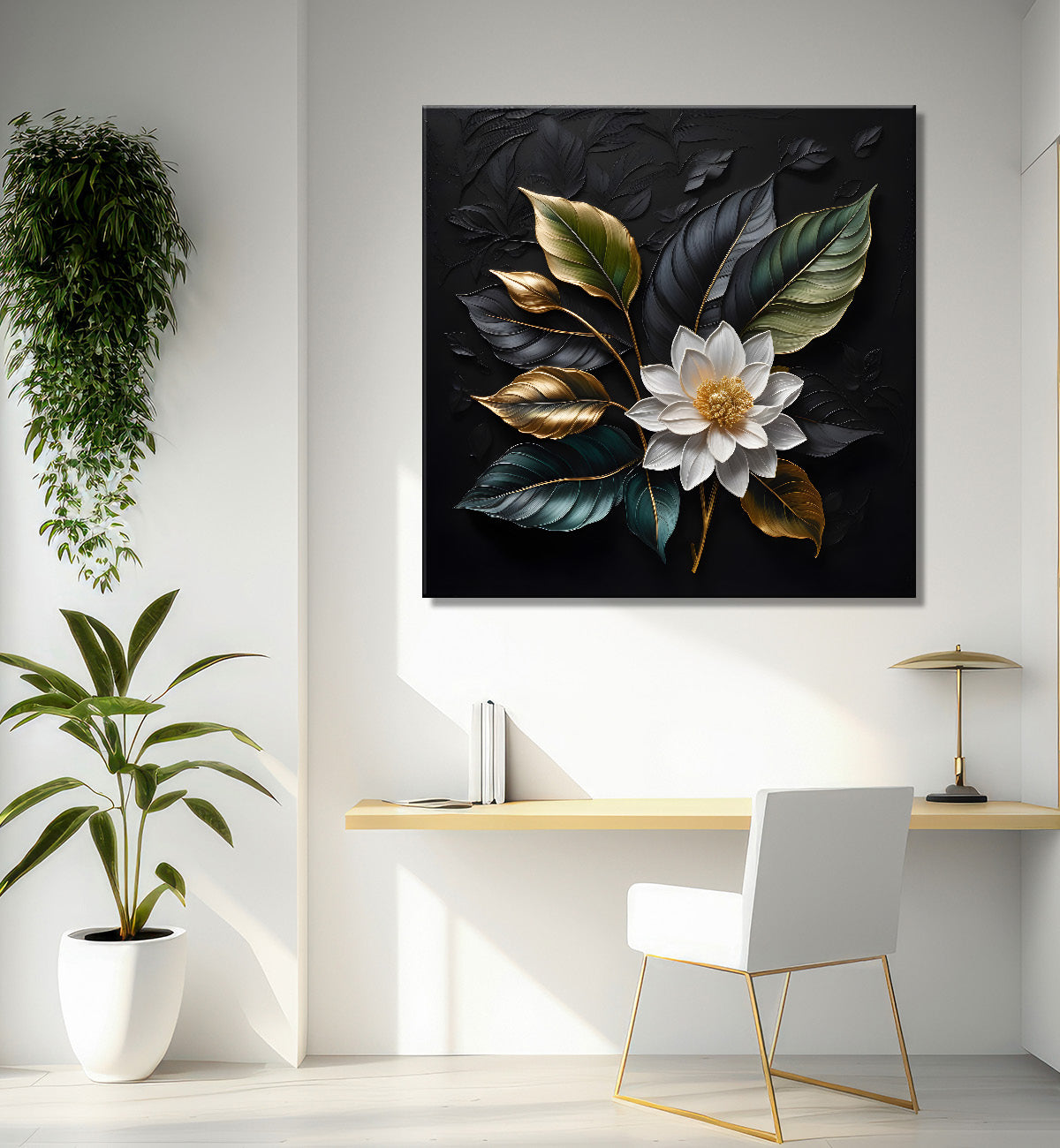 White flower in black textured oil painting - Flower-S-442