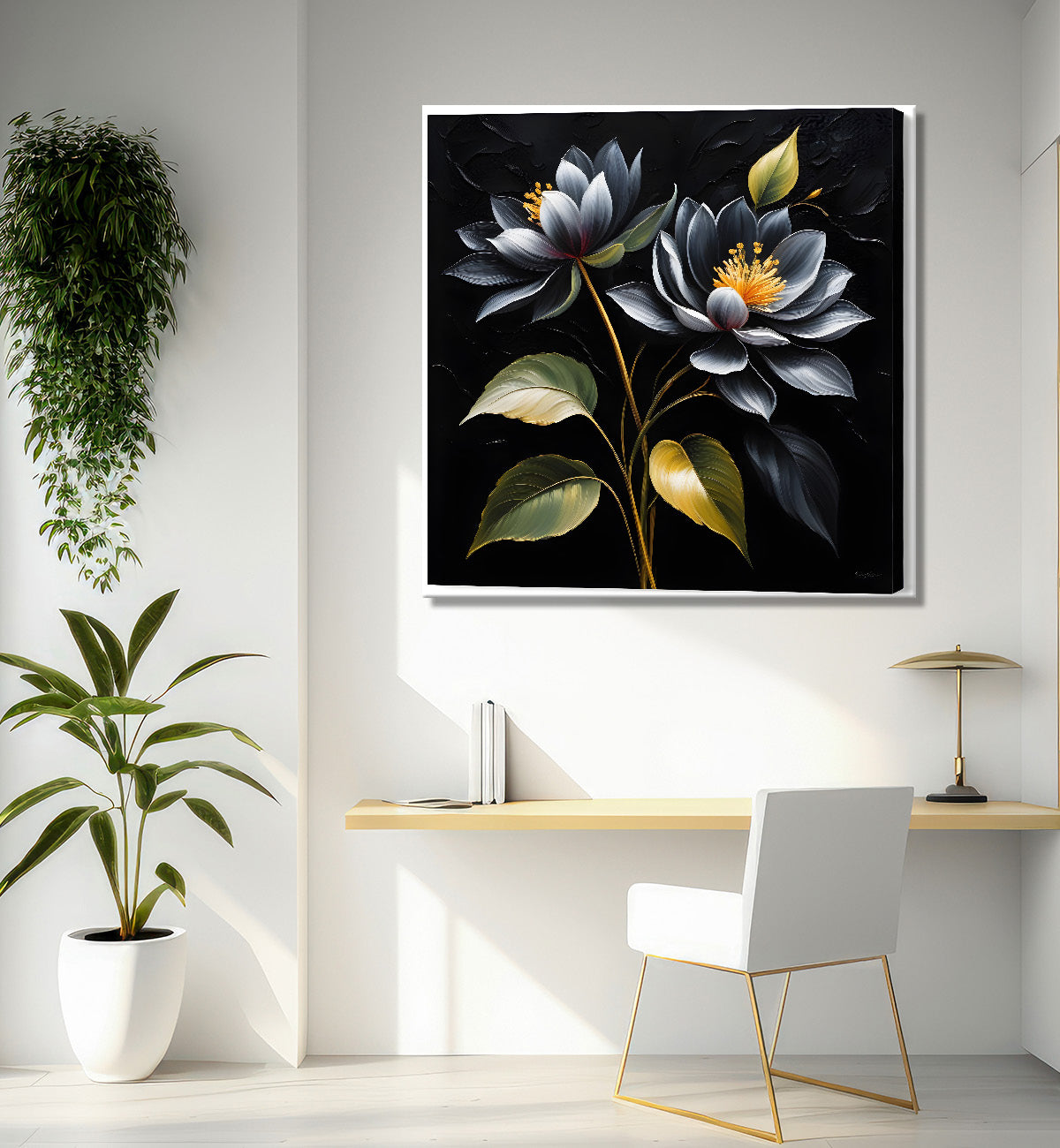 Blue flowers in black textured oil painting  - Flower-S-444