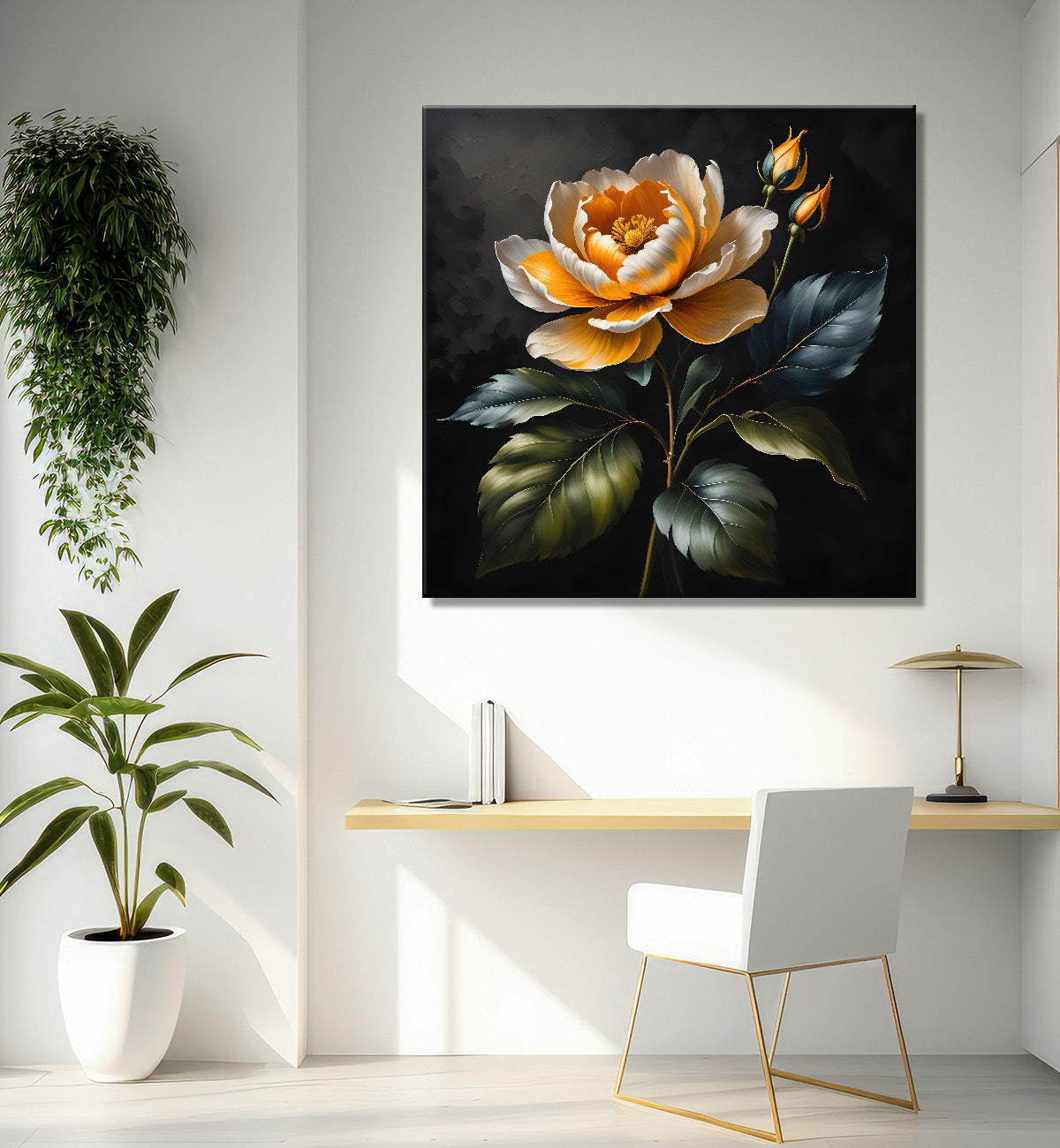 Yellow flower in black textured oil painting - Flower-S-445