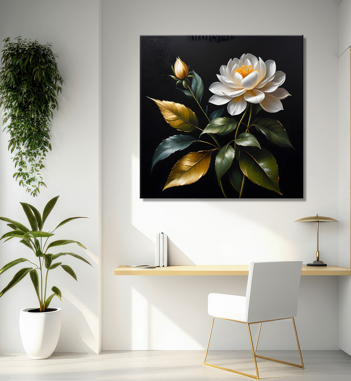 White flower in black textured oil painting - Flower-S-446