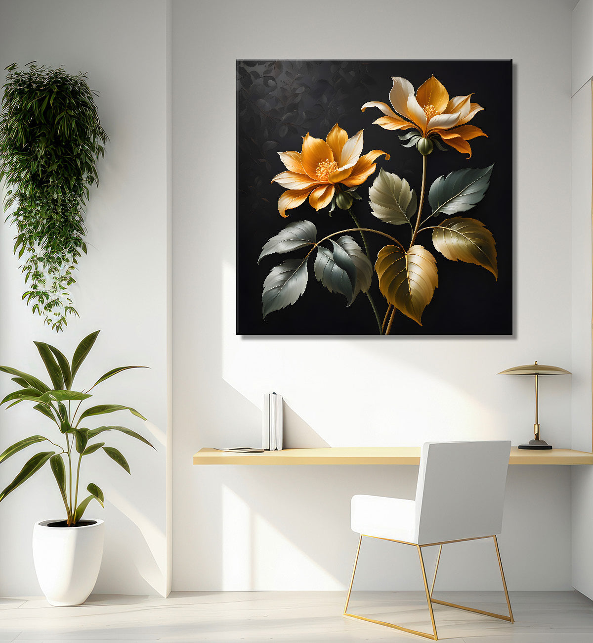 Yellow flower in black textured oil painting - Flower-S-447