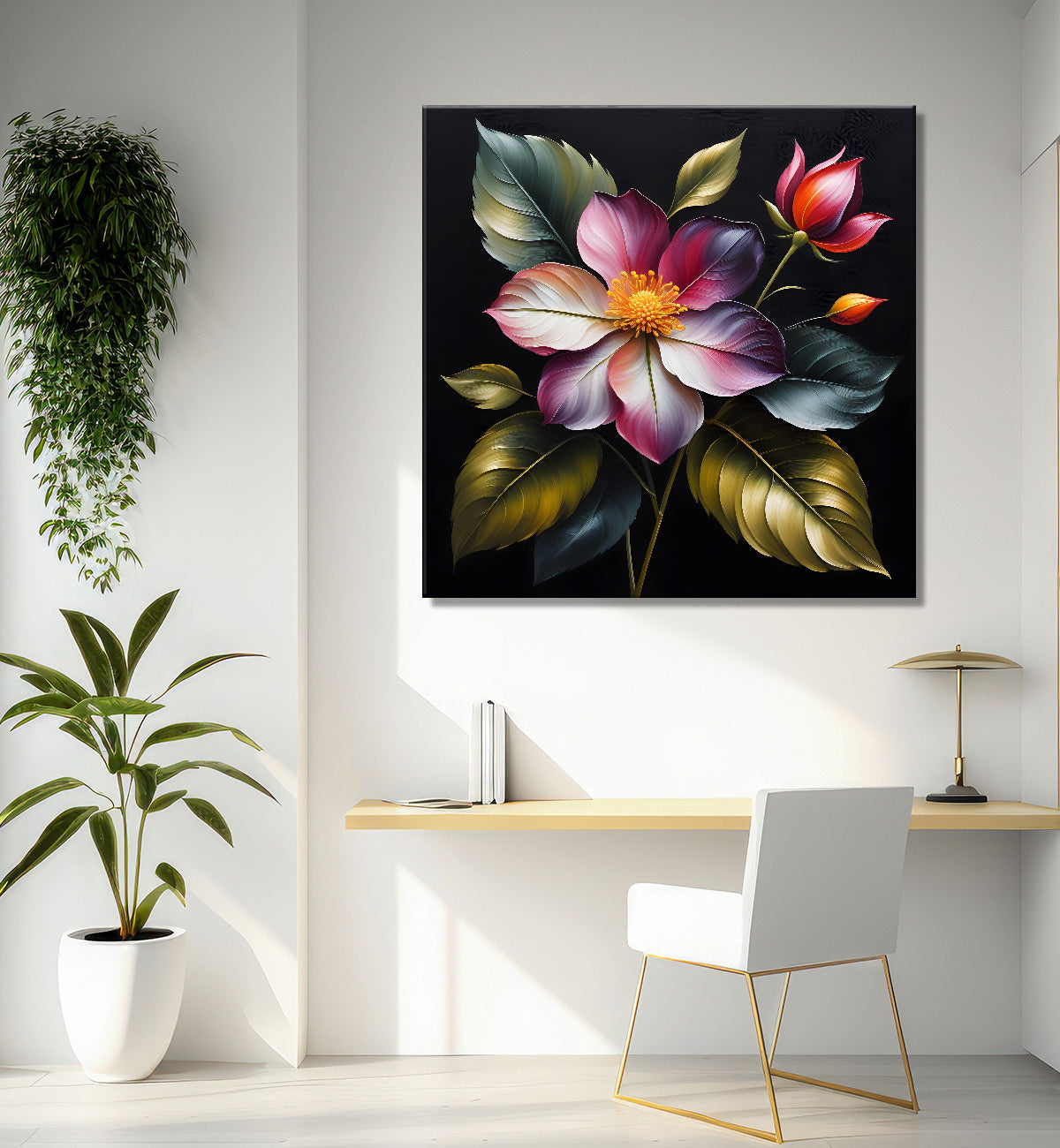 Pink flower in black textured oil painting - Flower-S-448