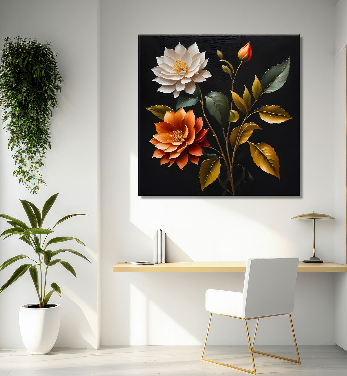 Colourful flower in black textured oil painting - Flower-S-449