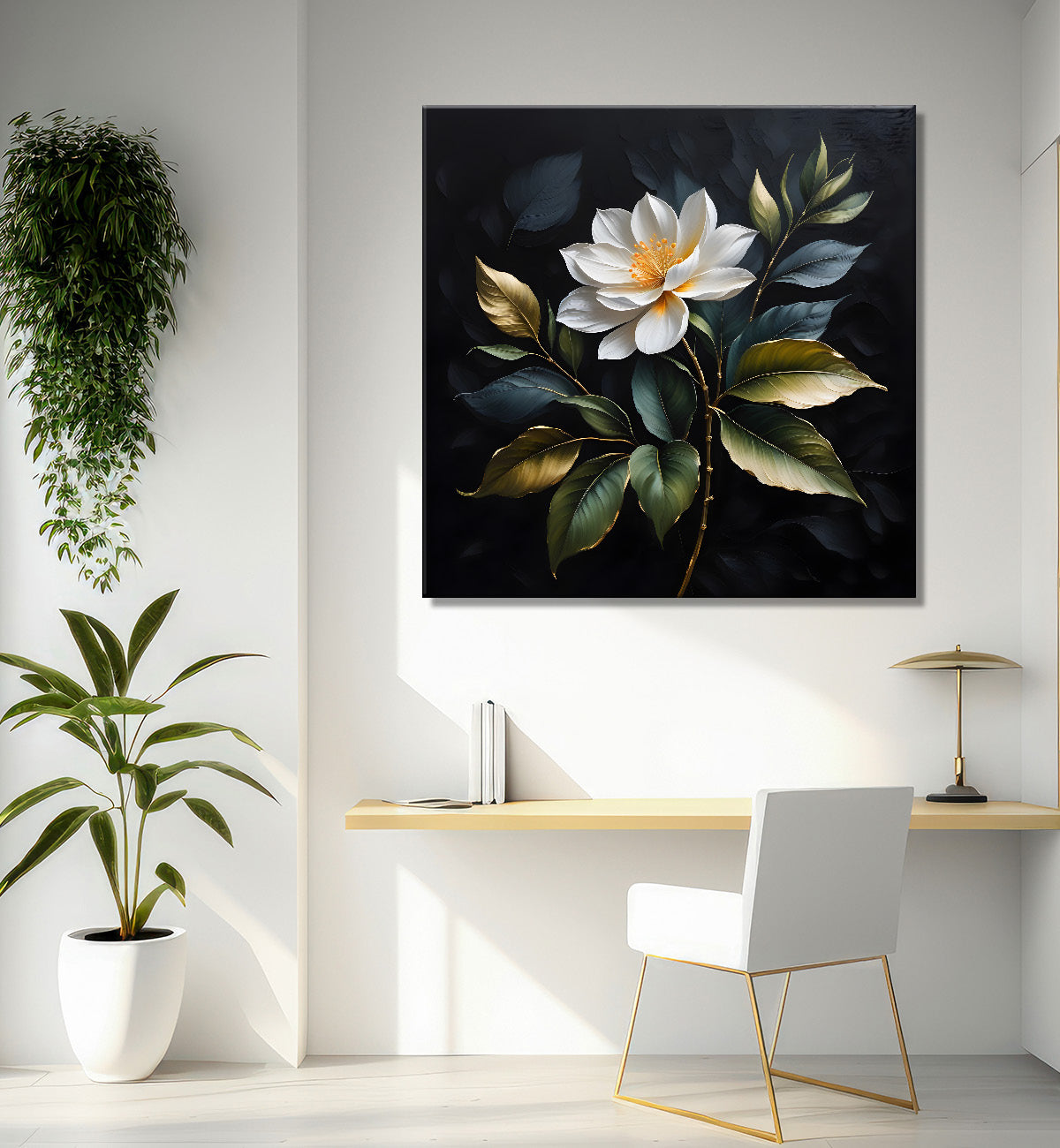 White flower in black textured oil painting - Flower-S-450