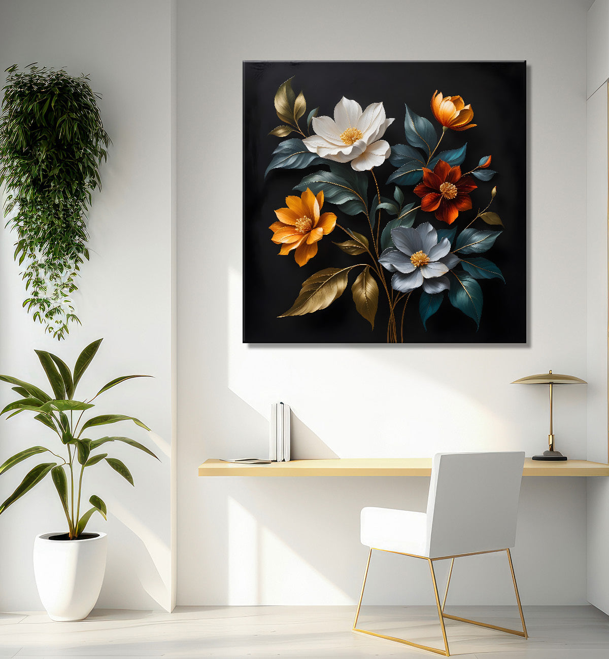Colourful flower in black textured oil painting - Flower-S-451