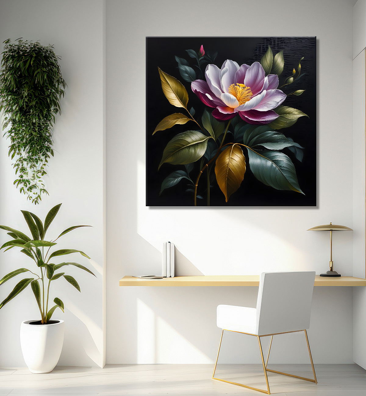 Purple flower in black textured oil painting - Flower-S-452