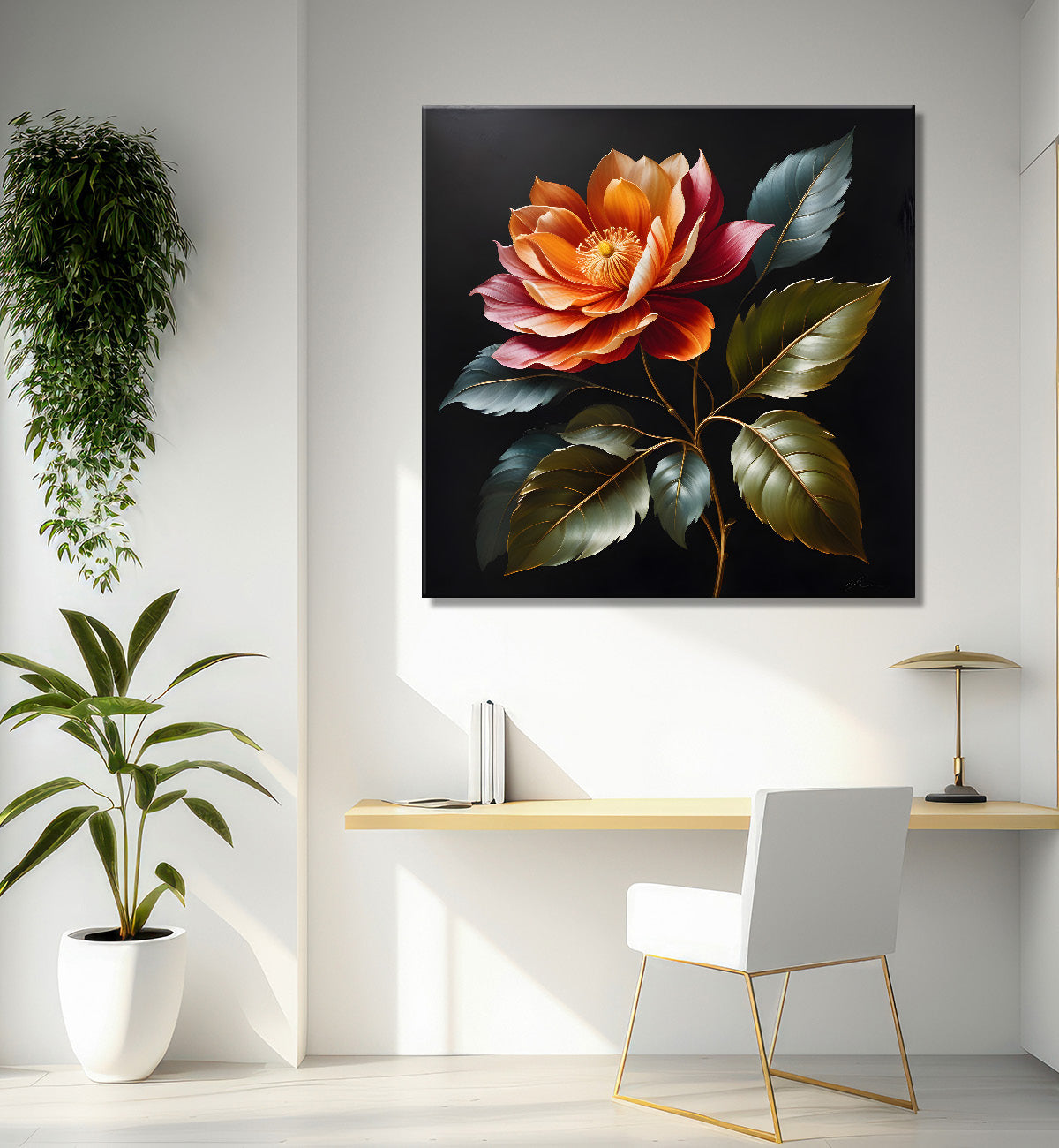 Pink flower in black textured oil painting - Flower-S-453