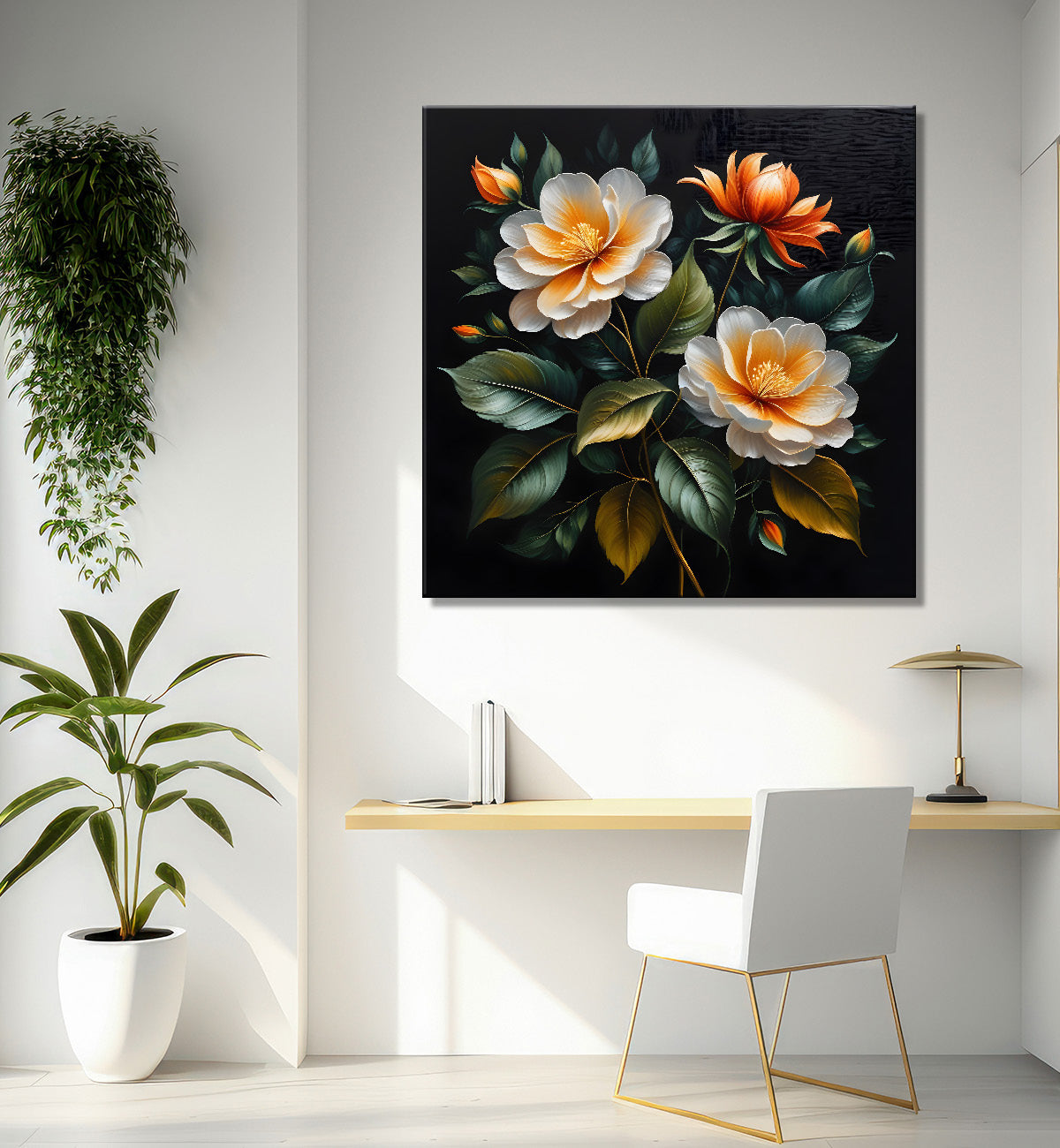 Colourful flower in black textured oil painting - Flower-S-454