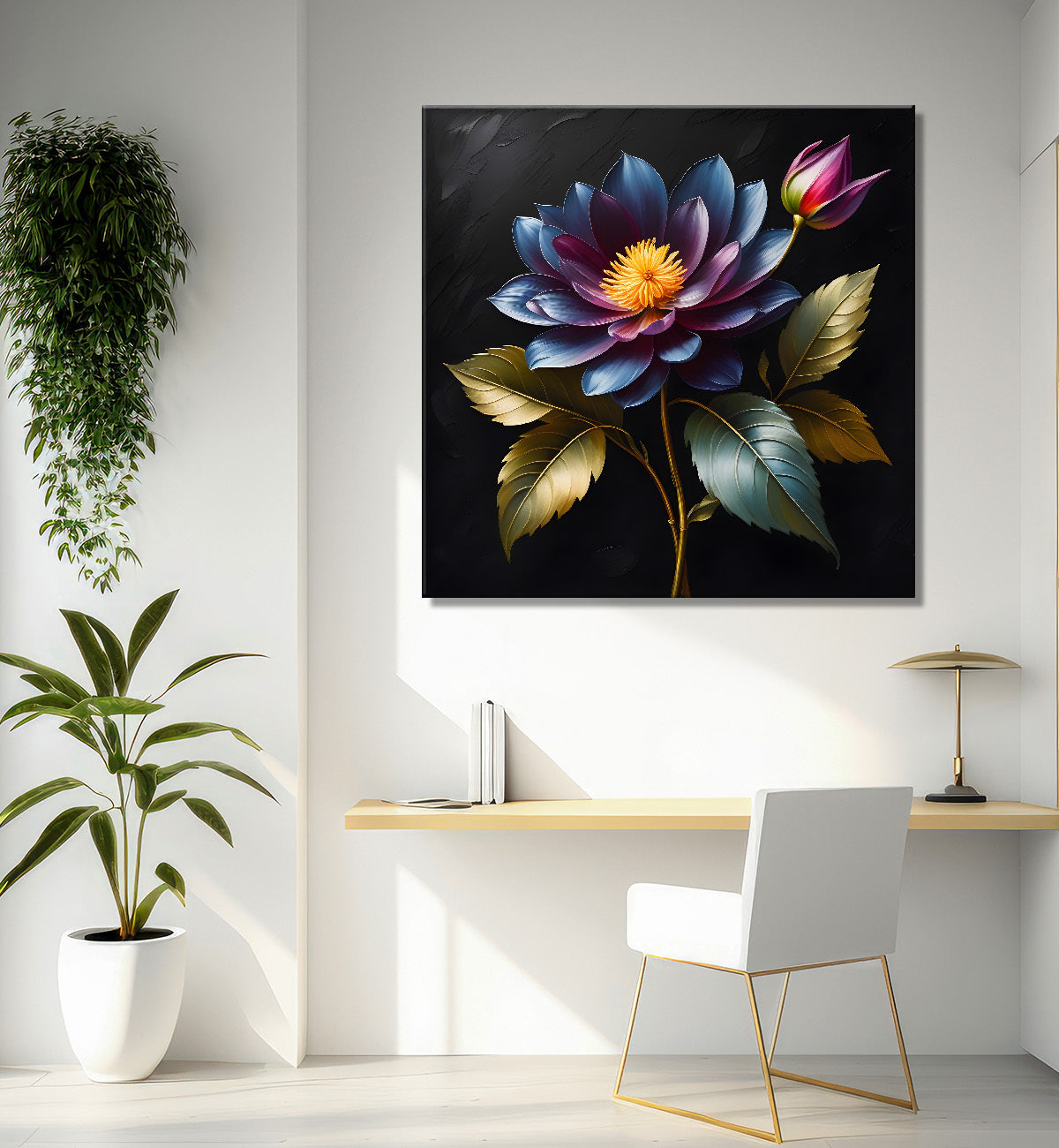 Purple flower in black textured oil painting - Flower-S-455