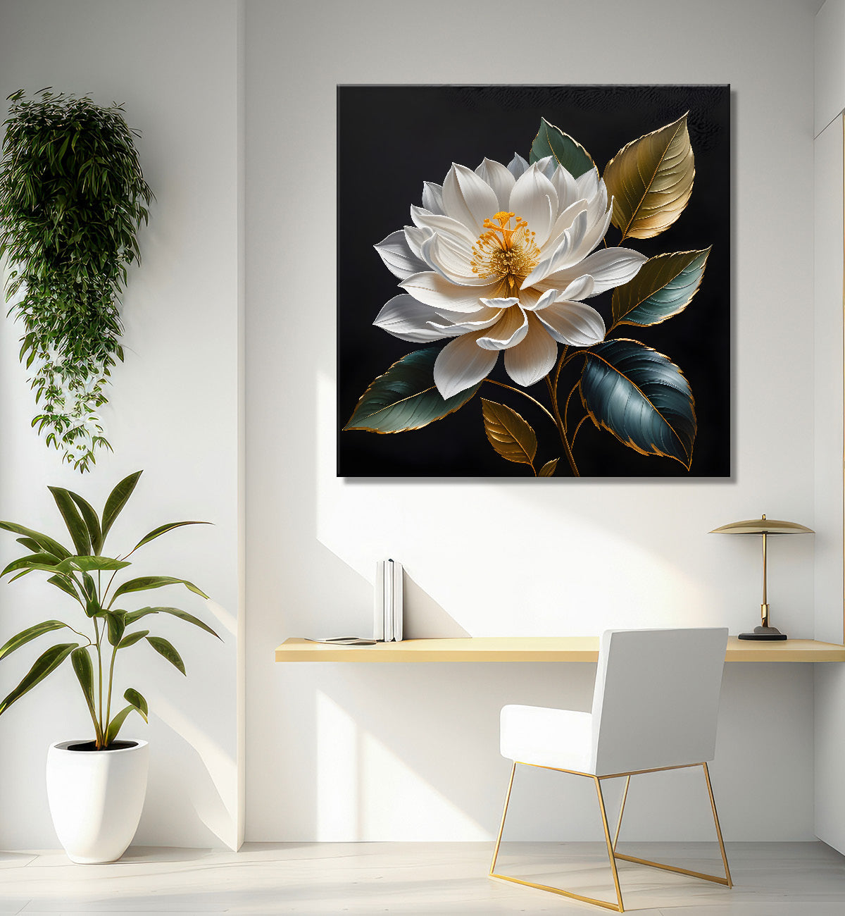 White flower in black textured oil painting - Flower-S-456