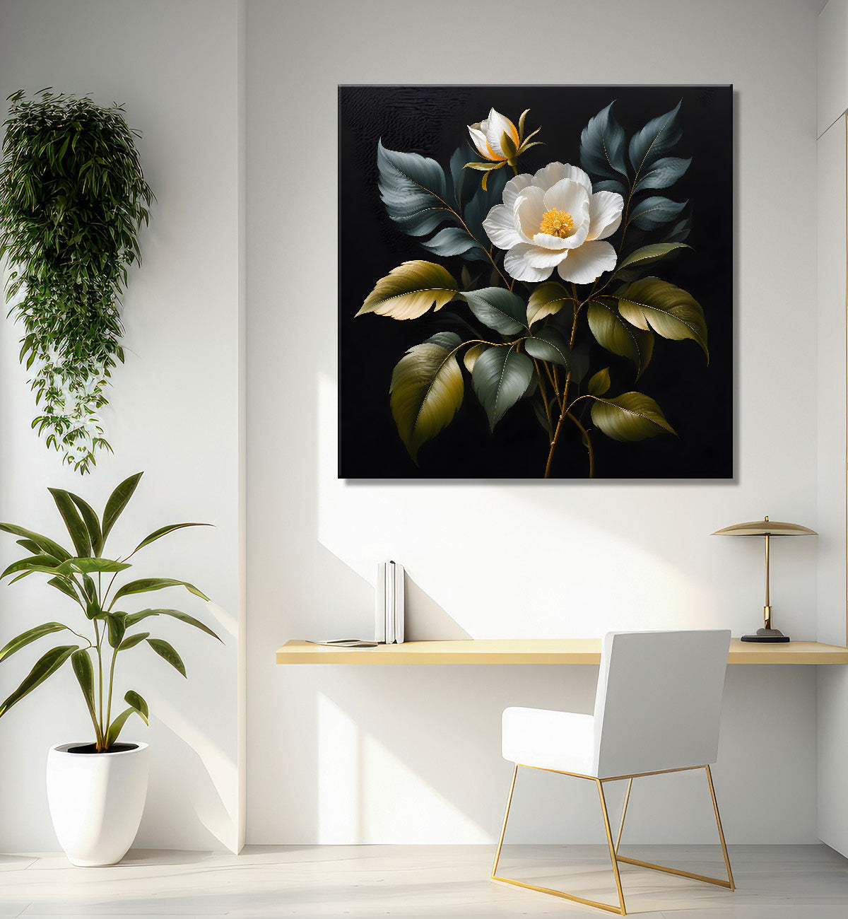 White flower in black textured oil painting - Flower-S-457