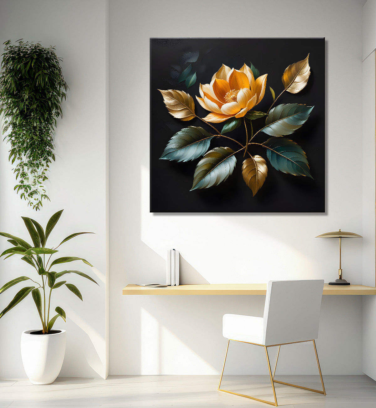 Yellow flower in black textured oil painting - Flower-S-458