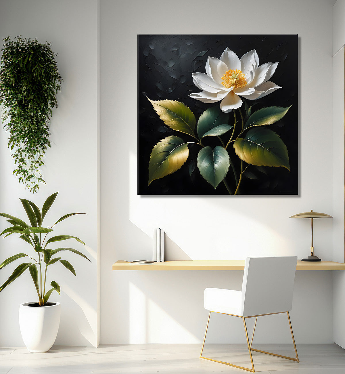White flower in black textured oil painting - Flower-S-459