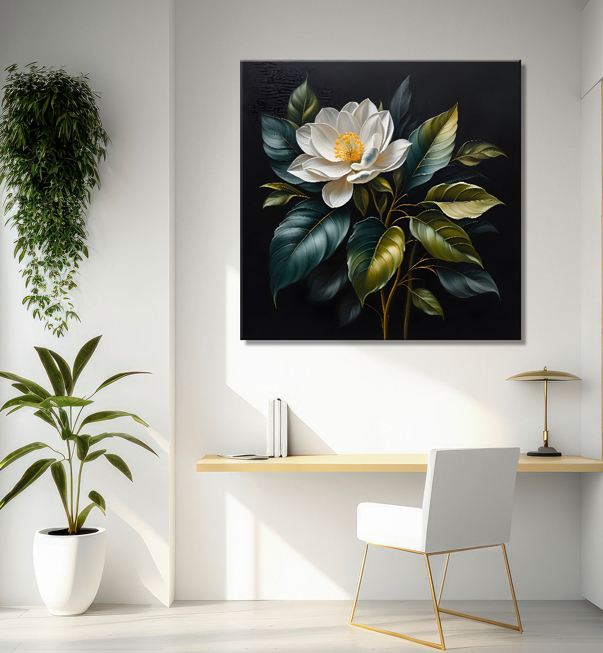White flower in black textured oil painting  - Flower-S-462