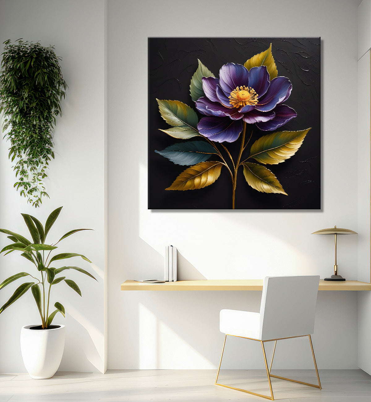 Purple flower in black textured oil painting  - Flower-S-463