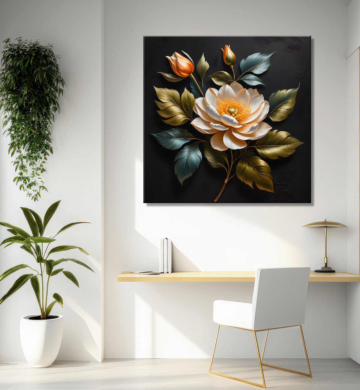 White flower in black textured oil painting - Flower-S-464