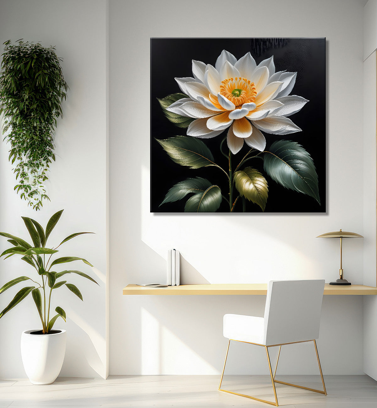 White flower in black textured oil painting - Flower-S-465