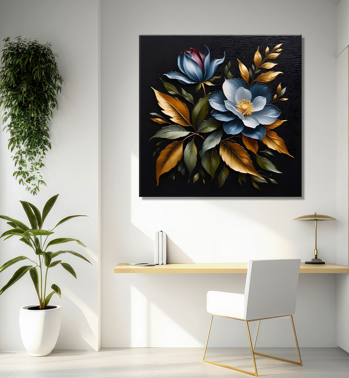 Blue flower in black textured oil painting - Flower-S-466