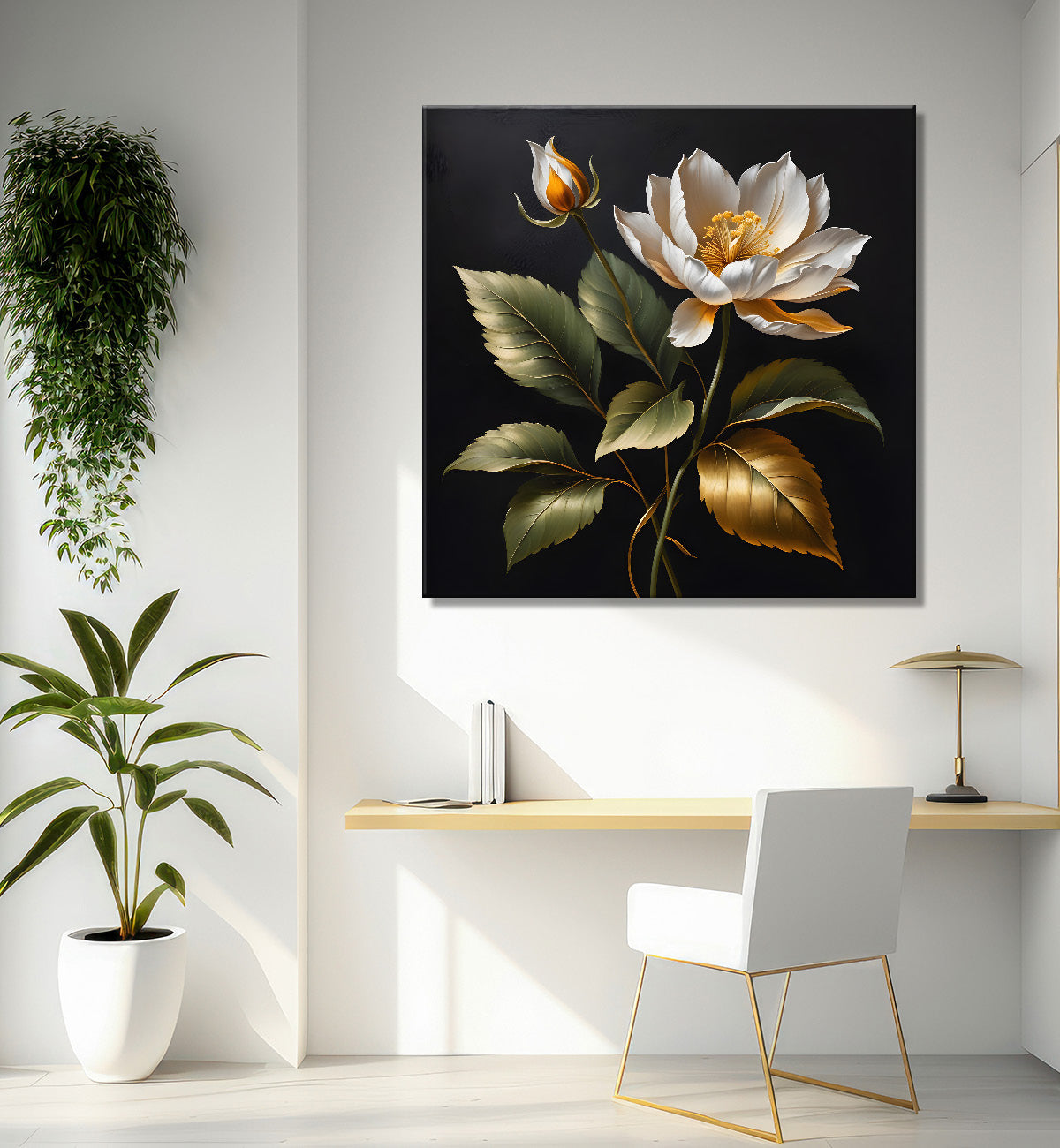 White flower in black textured oil painting - Flower-S-467